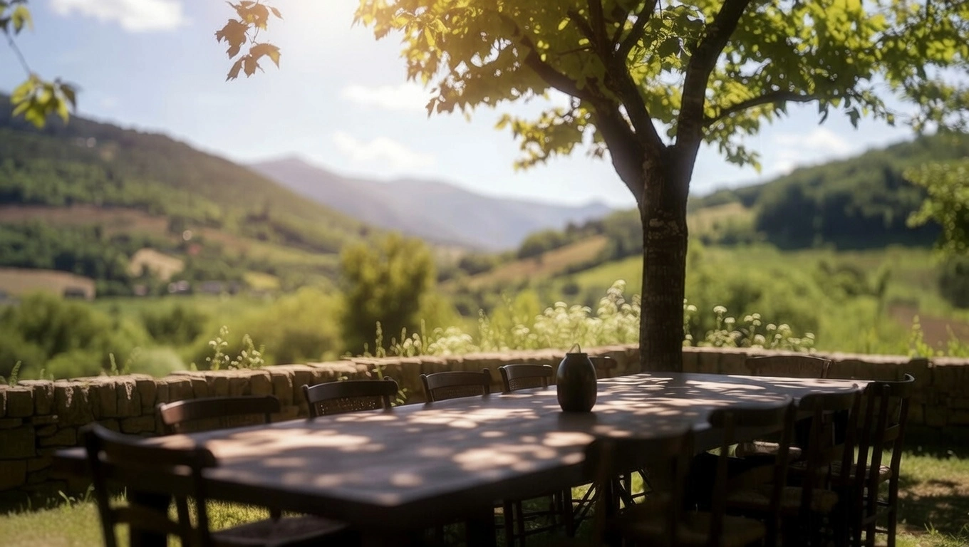 Long wooden table set for outdoor group dining in the Assisi gardens